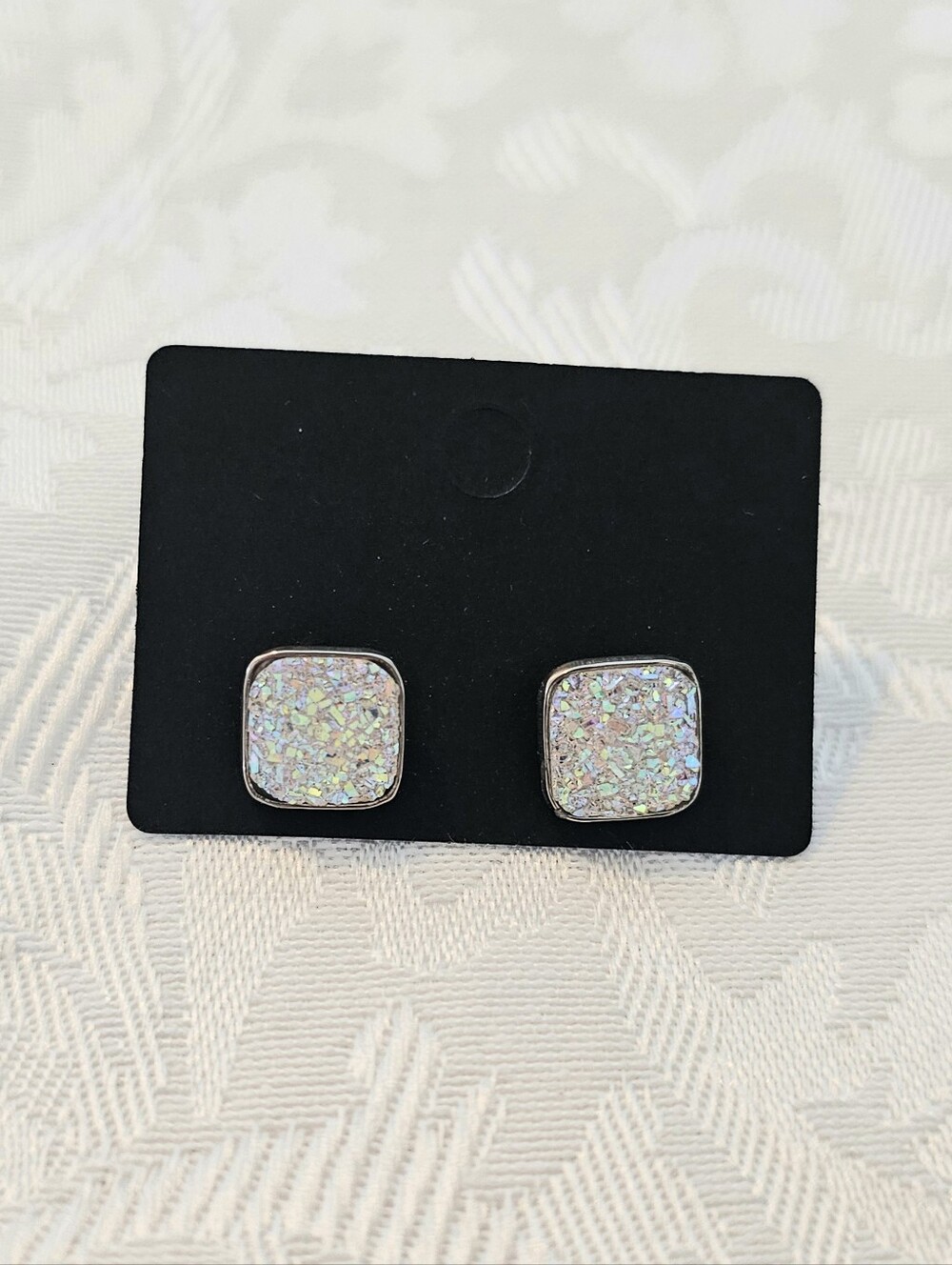 Iridescent square druzy stud earrings with a silver bezel setting- Dazzling